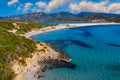 Panoramic view of sandy beach, yachts and sea with azure water, in Villasimius, Sardinia (Sardegna) island, Italy. Holidays, the Royalty Free Stock Photo