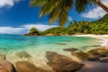 panoramic view of a sandy cove with palm trees and crystal clear water, tropical wallpaper, Generative AI Royalty Free Stock Photo