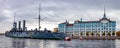 Panoramic view of Sankt St. Petersburg. Nakhimov naval school and military cruiser Aurora on Neva river