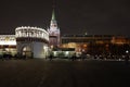 Panoramic view of Sapozhkovskaya Square with Trinity Tower and State Kremlin Palace in Moscow, Russia.