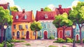 A panoramic view of Scandinavian city street with traditional buildings. Modern cartoon illustration of a cozy town with Royalty Free Stock Photo