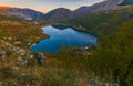 Panoramic view of Scanno lake at sunrise, the most striking feature is, of course, its unique heart shape. Rich in fish, fauna, an