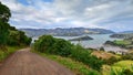 Panoramic view of scenic Banks Peninsula, famous for its bays, in Canterbury Royalty Free Stock Photo