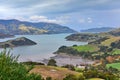 Panoramic view of scenic Banks Peninsula, famous for its bays, in Canterbury Royalty Free Stock Photo