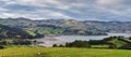 Panoramic view of scenic Banks Peninsula, famous for its bays, in Canterbury Royalty Free Stock Photo