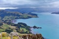 Panoramic view of scenic Banks Peninsula, famous for its bays, in Canterbury Royalty Free Stock Photo