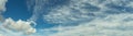 Panoramic view. Scenic skyscape with fluffy cirrus and Cumulus clouds in the atmosphere. Light spindrift clouds high in the blue Royalty Free Stock Photo