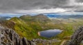 Panoramic view of Scottish highlands, mountains in Loch Assynt Royalty Free Stock Photo