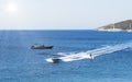 Panoramic view of the sea bay with water skier. Mediterranean vacation and travel concept.