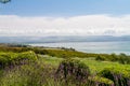 Panoramic view of the sea of Galilee from the Mount of Beatitudes, Israel Royalty Free Stock Photo