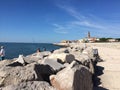A panoramic view of the sea horizon from caorle venice italy city center rocky seafront Royalty Free Stock Photo