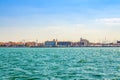 Panoramic view from sea lagoon of Chioggia town cityscape