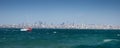 Panoramic view from the sea to Istanbul. The yacht is sailing on the waves in the Sea of Marmara summer sunny day