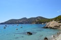 Panoramic view of seascape : boats, mountains, cliffs, sea and sky. Mallorca, Spain