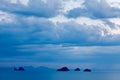 Panoramic view of seascape with cloudy sky , storm , blue ocean , mountains at Phang nga bay