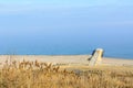 Panoramic view with seashore, sand, waterand blue sky. Sea water Royalty Free Stock Photo