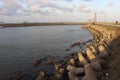 Panoramic View of seaside and collection of concrete breakwater on the beach in Cilacap Indonesia 4 september 20