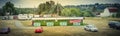 Panoramic view seasonal firework stand with customer shopping in rural area outside Seattle, America