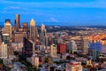 Panoramic view of Seattle skyline at blue hour from Space Needle Tower, Mt. Rainier in the background. Seattle, Washington, USA. Royalty Free Stock Photo