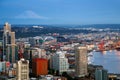 Panoramic view of Seattle skyline at blue hour from Space Needle Tower, Mt. Rainier in the background. Seattle, Washington, USA. Royalty Free Stock Photo