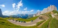 Panoramic view of Sella pass located at 2240 m above sea level, between the Sassolungo group and the Sella group and with flowerin