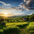 A panoramic view of a serene countryside landscape at sunrise, with rolling hills and vibrant col