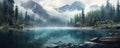 panoramic view of a serene mountain lake surrounded by lush forests, with mist gently rising from the waters surface panorama Royalty Free Stock Photo