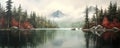 panoramic view of a serene mountain lake surrounded by lush forests, with mist gently rising from the water surface panorama Royalty Free Stock Photo