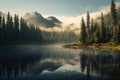 panoramic view of a serene mountain lake surrounded by lush forests, with mist gently rising from the water\'s surface Royalty Free Stock Photo