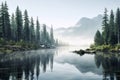 panoramic view of a serene mountain lake surrounded by lush forests, with mist gently rising from the water\'s surface Royalty Free Stock Photo