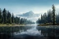 panoramic view of a serene mountain lake surrounded by lush forests, with mist gently rising from the water\'s surface Royalty Free Stock Photo
