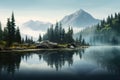 panoramic view of a serene mountain lake surrounded by lush forests, with mist gently rising from the water\'s surface Royalty Free Stock Photo