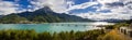 Serre-Poncon Lake with Savines-le-Lac and the Grand Morgon mountain peak in Summer. Alps, France