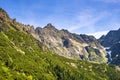 Panoramic view of the Seven Granats ridge - Siedem Granatow - and Zabia Czuba peak within the Zabia Gran range over Rybi Potok Royalty Free Stock Photo