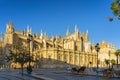 Panoramic view of the Seville Cathedral with horse carriage