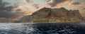 Panoramic view of sheer volcanic cliff rising above ocean.