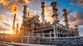Oil Refinery Plant at Sunset with Burning Gas Flare Stack and Complex Pipeline Royalty Free Stock Photo