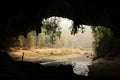 panoramic view showing the mouth of Thum Lod cave, Northern Thailand. With a river running thru it. Royalty Free Stock Photo