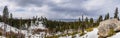 Panoramic view of the Sierra Mountains, Lake Tahoe in the background on a cloudy day; Van Sickle Bi-State Park; California and Royalty Free Stock Photo