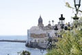 Panoramic view of Sitges with church of Sant Bartomeu and Santa Tecla in the background, Barcelona