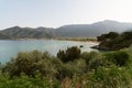 Panoramic view of Skala Potamia and Golden beach, the Aegean sea, travelling, scenic tourist destination, Thassos, Greece Royalty Free Stock Photo