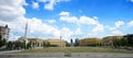 Panoramic view Skanderbeg square with flag and Skanderberg statue monument in the city center of Tirana. Tirana is capital of Alba