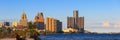 Panoramic view of Skyline of Detroit downtown under evening sun light