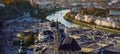 Panoramic view of skyline in historical city of Salzburg with Salzach river in beautiful autumn trees as a golden evening Royalty Free Stock Photo