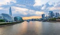 Panoramic view of the skyline of London city from the Tower Bridge at sunset time, United Kingdom. Royalty Free Stock Photo