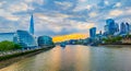 Panoramic view of the skyline of London city from the Tower Bridge at sunset time, United Kingdom. View Royalty Free Stock Photo