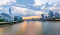 Panoramic view of the skyline of London city from the Tower Bridge at sunset time, United Kingdom Royalty Free Stock Photo