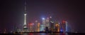 Panoramic view of the skyline of Shanghai's Pudong district from the famous promenade the Bund in the evening