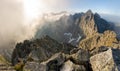 Panoramic view from Slovakia High Tatras Mountain peak Rysy in the foggy summer moring Royalty Free Stock Photo