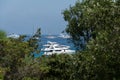 Panoramic view of small pevero beach with yacht Royalty Free Stock Photo